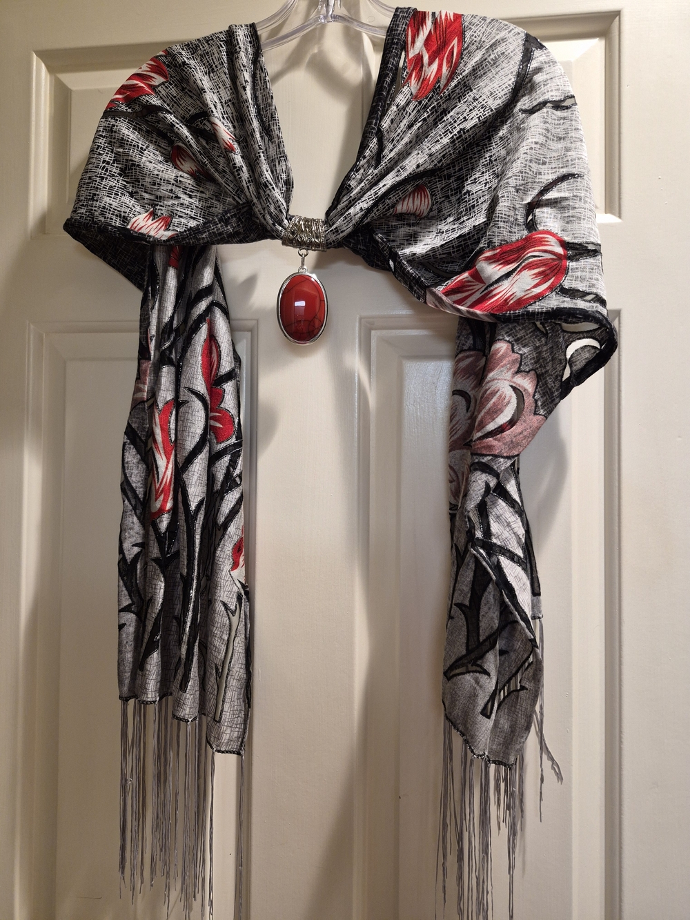NWOT-Red Floral Accent Scarf with 2-1/2" Natural Stone Pendant - 60" X 18" Wide